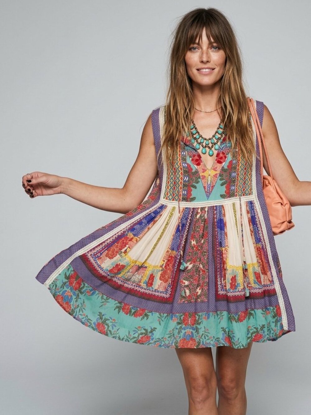 Vintage Sundress Handkerchief Patchwork Indian Silk Tassel Sleeveless Dress